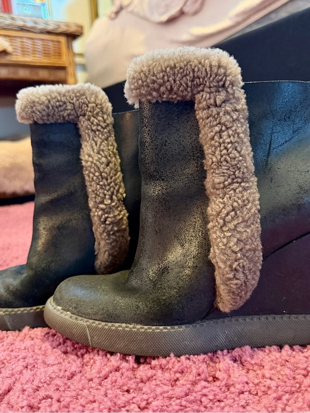 Chloe See By Chloe Black Wedge Ankle Boots with Brown Shearling Trim - US 8